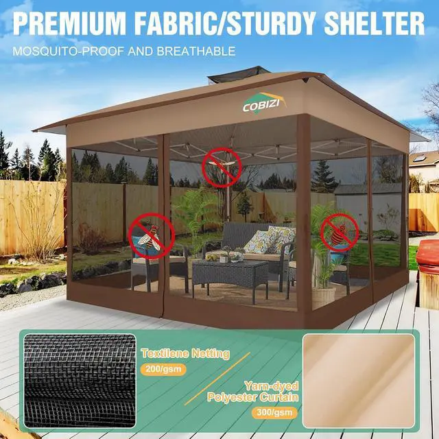 Alt view image 4 of 7 - 13x13 Pop Up Canopy Tent Gazebos On Clearance- Upgrade Metal Outdoor Canopy Waterproof - Portable Gazebo with Mosquito Nettings, 4 Ropes 8 Stakes and Carry Bag for Patio Garden(Brown)