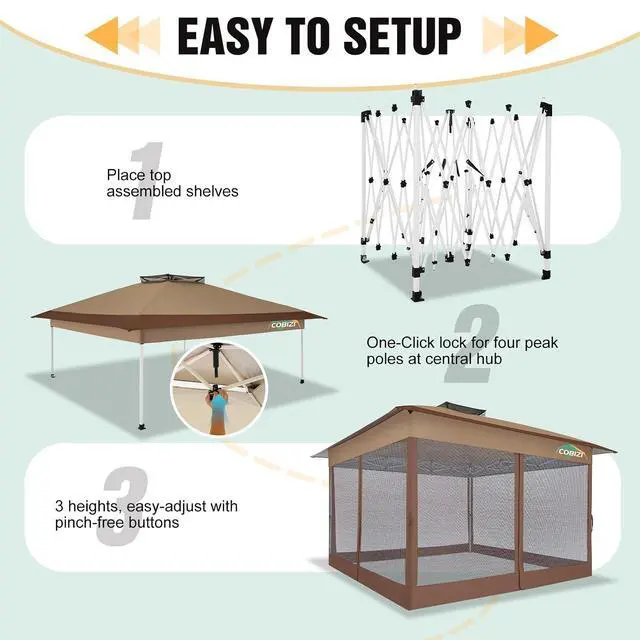 Alt view image 7 of 7 - 13x13 Pop Up Canopy Tent Gazebos On Clearance- Upgrade Metal Outdoor Canopy Waterproof - Portable Gazebo with Mosquito Nettings, 4 Ropes 8 Stakes and Carry Bag for Patio Garden(Brown)