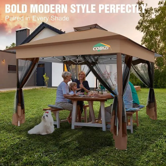 Alt view image 5 of 7 - 13x13 Pop Up Canopy Tent Gazebos On Clearance- Upgrade Metal Outdoor Canopy Waterproof - Portable Gazebo with Mosquito Nettings, 4 Ropes 8 Stakes and Carry Bag for Patio Garden(Brown)