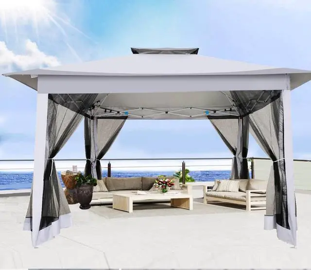 Alt view image 2 of 7 - 12x12 Pop Up Gazebo On Clearance - Upgrade Easy Up Metal Outdoor Canopy Waterproof - Portable Gazebo with Mosquito Nettings, 4 Ropes 8 Stakes and Carry Bag for Patio Garden(Light Gray)