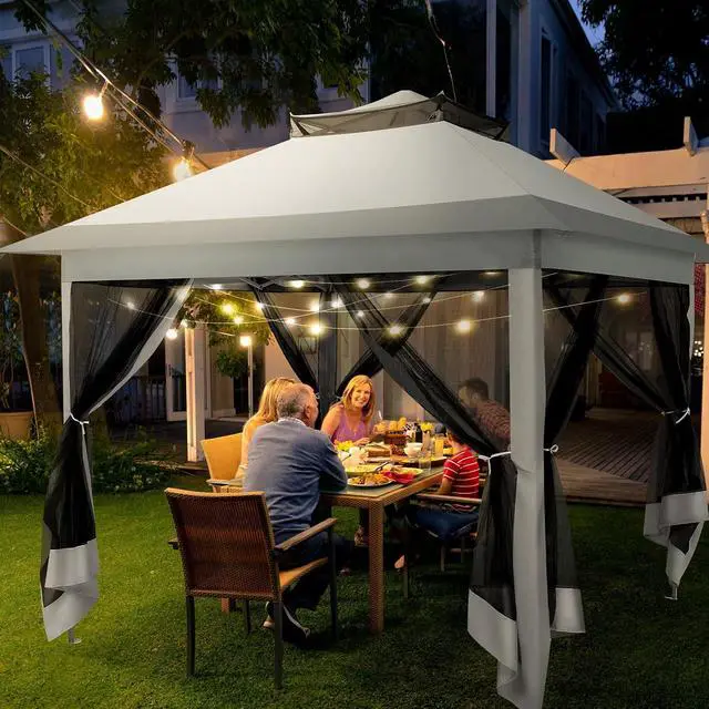 Alt view image 4 of 7 - 12x12 Pop Up Gazebo On Clearance - Upgrade Easy Up Metal Outdoor Canopy Waterproof - Portable Gazebo with Mosquito Nettings, 4 Ropes 8 Stakes and Carry Bag for Patio Garden(Light Gray)