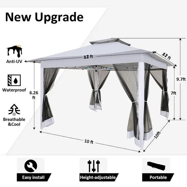 Alt view image 3 of 7 - 12x12 Pop Up Gazebo On Clearance - Upgrade Easy Up Metal Outdoor Canopy Waterproof - Portable Gazebo with Mosquito Nettings, 4 Ropes 8 Stakes and Carry Bag for Patio Garden(Light Gray)