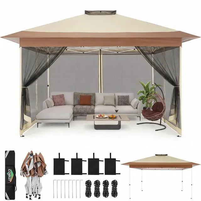 Main image of 10x15 Pop up Canopy Gazebos on Clearance-Canopy Tent with Mosquito Netting for Lawn,Garden,Backyard & Patio-Outdoor Tent-Water Resistant and UPF50+ (Khaki)
