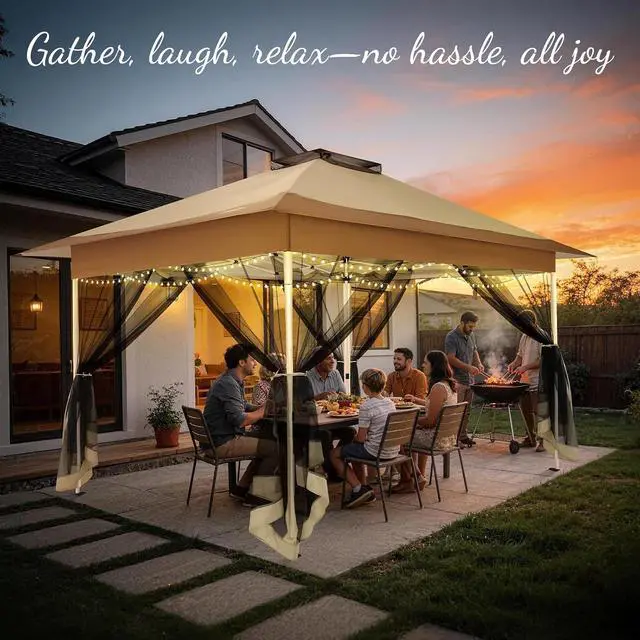 Alt view image 2 of 7 - 10x15 Pop up Canopy Gazebos on Clearance-Canopy Tent with Mosquito Netting for Lawn,Garden,Backyard & Patio-Outdoor Tent-Water Resistant and UPF50+ (Khaki)