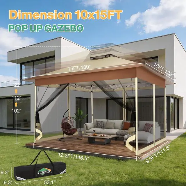 Alt view image 3 of 7 - 10x15 Pop up Canopy Gazebos on Clearance-Canopy Tent with Mosquito Netting for Lawn,Garden,Backyard & Patio-Outdoor Tent-Water Resistant and UPF50+ (Khaki)