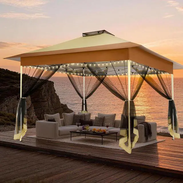 Alt view image 7 of 7 - 10x15 Pop up Canopy Gazebos on Clearance-Canopy Tent with Mosquito Netting for Lawn,Garden,Backyard & Patio-Outdoor Tent-Water Resistant and UPF50+ (Khaki)