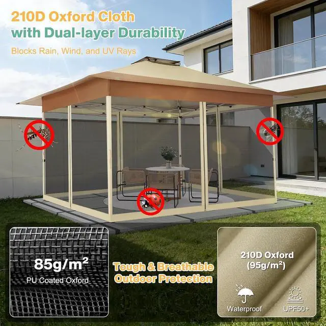 Alt view image 6 of 7 - 10x15 Pop up Canopy Gazebos on Clearance-Canopy Tent with Mosquito Netting for Lawn,Garden,Backyard & Patio-Outdoor Tent-Water Resistant and UPF50+ (Khaki)