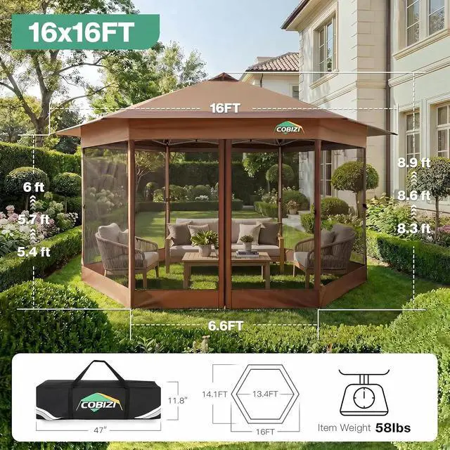 Alt view image 4 of 7 - 16x16 Pop Up Gazebo on Clearance with Mosquito Netting, Brown