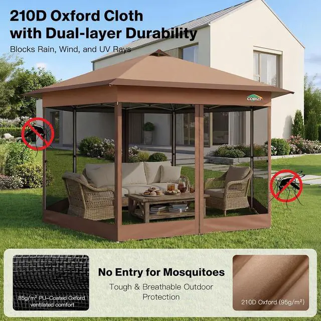 Alt view image 5 of 7 - 14x14 Pop Up Gazebo on Clearance with Mosquito Netting, Brown