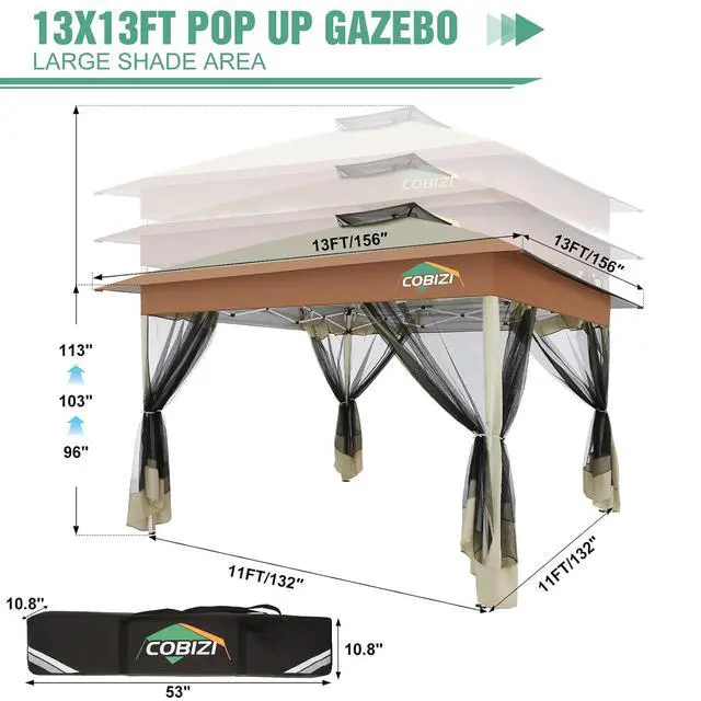 Alt view image 2 of 7 - 13x13 Pop Up Canopy Tent Gazebos On Clearance Upgrade Metal Outdoor Canopy Waterproof - Portable Gazebo with Mosquito Nettings, 4 Ropes 8 Stakes and Carry Bag for Patio Garden-Khaki