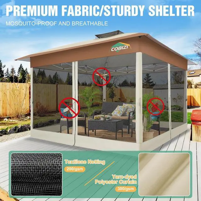 Alt view image 4 of 7 - 13x13 Pop Up Canopy Tent Gazebos On Clearance Upgrade Metal Outdoor Canopy Waterproof - Portable Gazebo with Mosquito Nettings, 4 Ropes 8 Stakes and Carry Bag for Patio Garden-Khaki