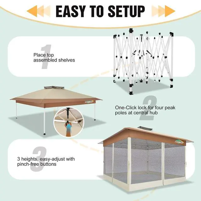 Alt view image 6 of 7 - 13x13 Pop Up Canopy Tent Gazebos On Clearance Upgrade Metal Outdoor Canopy Waterproof - Portable Gazebo with Mosquito Nettings, 4 Ropes 8 Stakes and Carry Bag for Patio Garden-Khaki