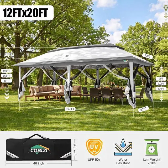 Alt view image 2 of 7 - 12x20 Pop Up Canopy Tent with Mosquito Netting,Outdoor Screened Gazebo Shelter for Patio and Backyard,Commercial Party Tent with Mesh Walls,Light Gray