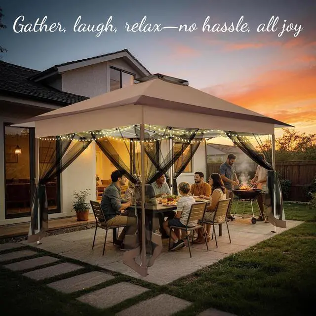 Alt view image 2 of 7 - 10x15 Pop up Canopy Gazebos on Clearance-Canopy Tent with Mosquito Netting for Lawn,Garden,Backyard & Patio-Outdoor Tent-Water Resistant and UPF50+ (Brown)