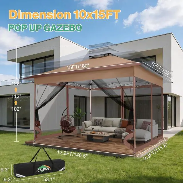 Alt view image 3 of 7 - 10x15 Pop up Canopy Gazebos on Clearance-Canopy Tent with Mosquito Netting for Lawn,Garden,Backyard & Patio-Outdoor Tent-Water Resistant and UPF50+ (Brown)