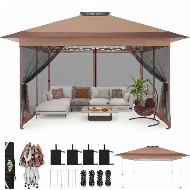 Main image of 10x15 Pop up Canopy Gazebos on Clearance-Canopy Tent with Mosquito Netting for Lawn,Garden,Backyard & Patio-Outdoor Tent-Water Resistant and UPF50+ (Brown)