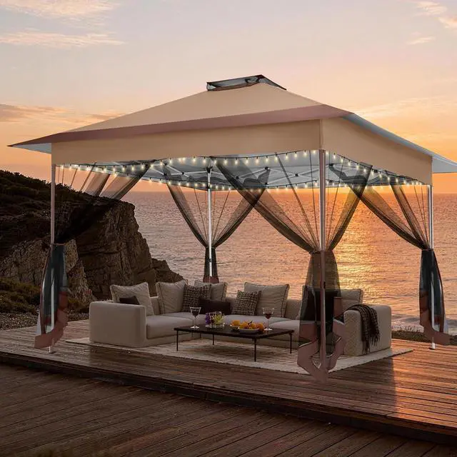 Alt view image 5 of 7 - 10x15 Pop up Canopy Gazebos on Clearance-Canopy Tent with Mosquito Netting for Lawn,Garden,Backyard & Patio-Outdoor Tent-Water Resistant and UPF50+ (Brown)
