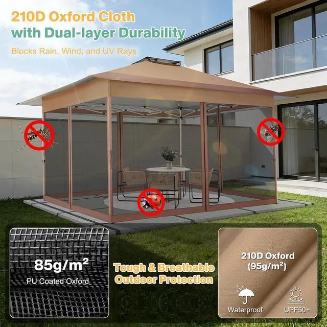 Alt view image 7 of 7 - 10x15 Pop up Canopy Gazebos on Clearance-Canopy Tent with Mosquito Netting for Lawn,Garden,Backyard & Patio-Outdoor Tent-Water Resistant and UPF50+ (Brown)