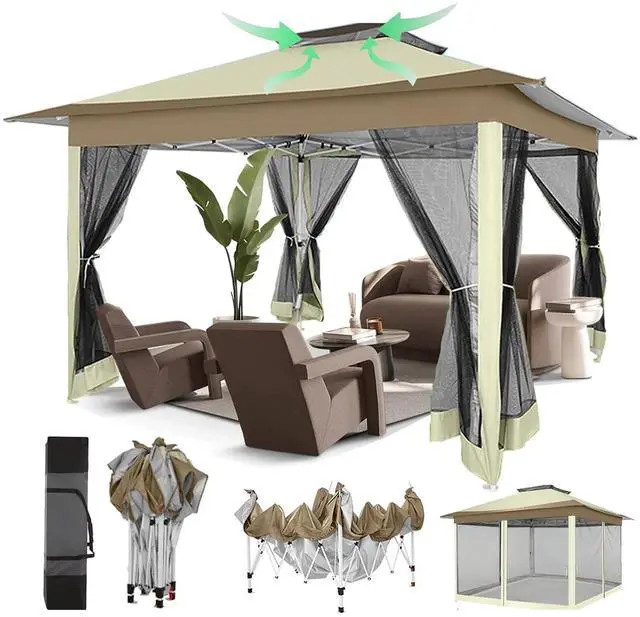 Main image of 12x12 Pop Up Gazebo On Clearance - Upgrade Easy Up Metal Outdoor Canopy Waterproof - Portable Gazebo with Mosquito Nettings, 4 Ropes 8 Stakes and Carry Bag for Patio Garden(Khaki)