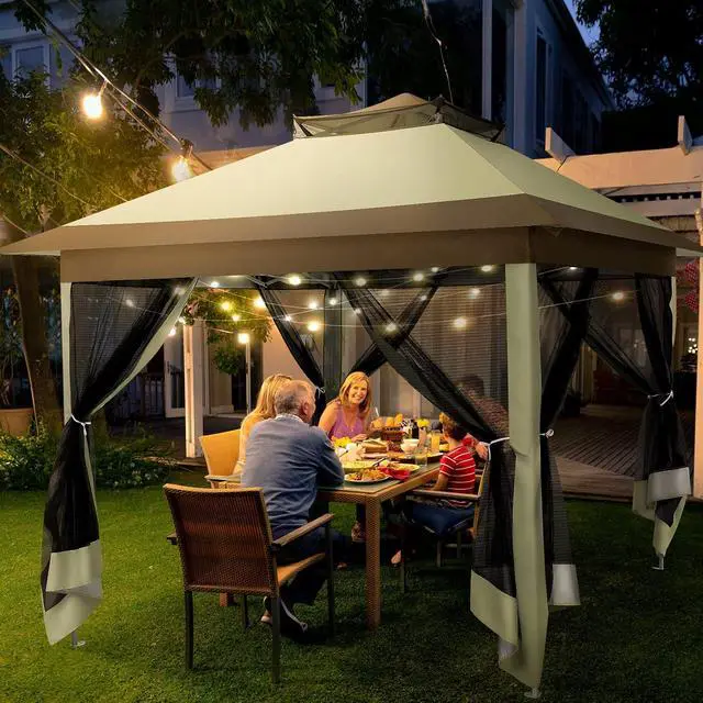 Alt view image 2 of 7 - 12x12 Pop Up Gazebo On Clearance - Upgrade Easy Up Metal Outdoor Canopy Waterproof - Portable Gazebo with Mosquito Nettings, 4 Ropes 8 Stakes and Carry Bag for Patio Garden(Khaki)