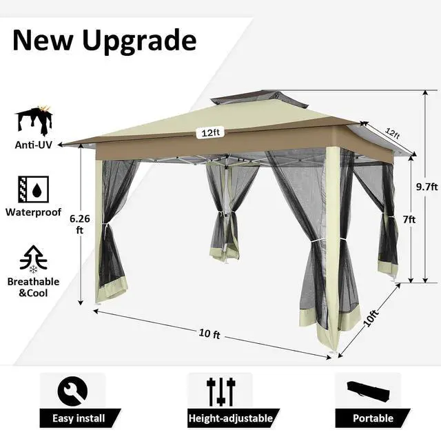 Alt view image 3 of 7 - 12x12 Pop Up Gazebo On Clearance - Upgrade Easy Up Metal Outdoor Canopy Waterproof - Portable Gazebo with Mosquito Nettings, 4 Ropes 8 Stakes and Carry Bag for Patio Garden(Khaki)