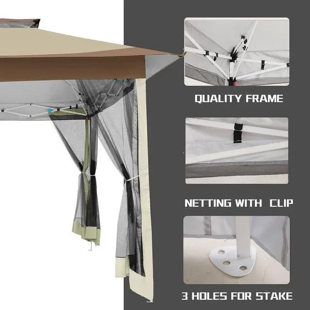 Alt view image 4 of 7 - 12x12 Pop Up Gazebo On Clearance - Upgrade Easy Up Metal Outdoor Canopy Waterproof - Portable Gazebo with Mosquito Nettings, 4 Ropes 8 Stakes and Carry Bag for Patio Garden(Khaki)