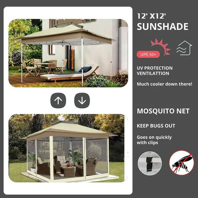 Alt view image 7 of 7 - 12x12 Pop Up Gazebo On Clearance - Upgrade Easy Up Metal Outdoor Canopy Waterproof - Portable Gazebo with Mosquito Nettings, 4 Ropes 8 Stakes and Carry Bag for Patio Garden(Khaki)