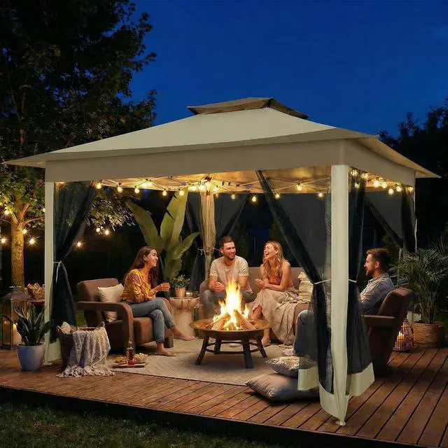 Alt view image 2 of 7 - 12x12 Pop Up Canopy Portable Gazebo with Mosquito Nettings Upgrade Easy Up Metal Outdoor Gazebo Waterproof, 4 Ropes 8 Stakes and Carry Bag for Patio Garden(Khaki)