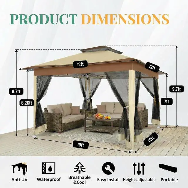 Alt view image 3 of 7 - 12x12 Pop Up Canopy Portable Gazebo with Mosquito Nettings Upgrade Easy Up Metal Outdoor Gazebo Waterproof, 4 Ropes 8 Stakes and Carry Bag for Patio Garden(Khaki)