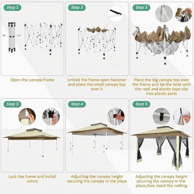 Alt view image 7 of 7 - 12x12 Pop Up Canopy Portable Gazebo with Mosquito Nettings Upgrade Easy Up Metal Outdoor Gazebo Waterproof, 4 Ropes 8 Stakes and Carry Bag for Patio Garden(Khaki)