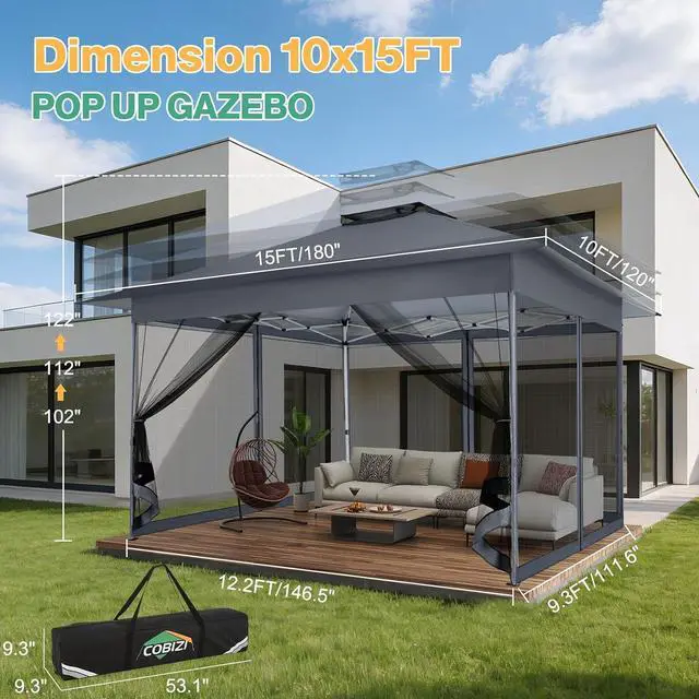 Alt view image 3 of 7 - 10x15 Pop up Canopy Gazebos on Clearance-Canopy Tent with Mosquito Netting for Lawn,Garden,Backyard & Patio-Outdoor Tent-Water Resistant and UPF50+ (Dark Gray)