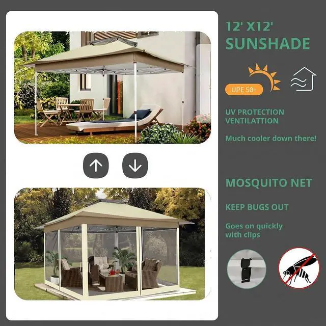 Alt view image 6 of 7 - 12x12 Pop Up Canopy Portable Gazebo with Mosquito Nettings Upgrade Easy Up Metal Outdoor Gazebo Waterproof, 4 Ropes 8 Stakes and Carry Bag for Patio Garden(Khaki)