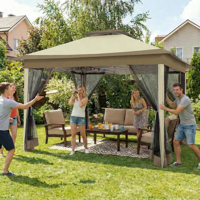 Alt view image 5 of 7 - 12x12 Pop Up Canopy Portable Gazebo with Mosquito Nettings Upgrade Easy Up Metal Outdoor Gazebo Waterproof, 4 Ropes 8 Stakes and Carry Bag for Patio Garden(Khaki)