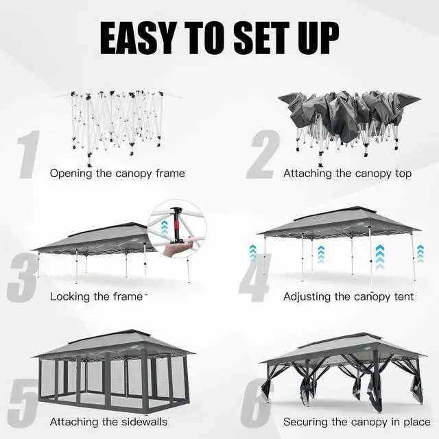 Alt view image 5 of 7 - 12x20 Pop Up Canopy Tent with Mosquito Netting,Outdoor Screened Gazebo Shelter for Patio and Backyard,Commercial Party Tent with Mesh Walls,Dark Gray
