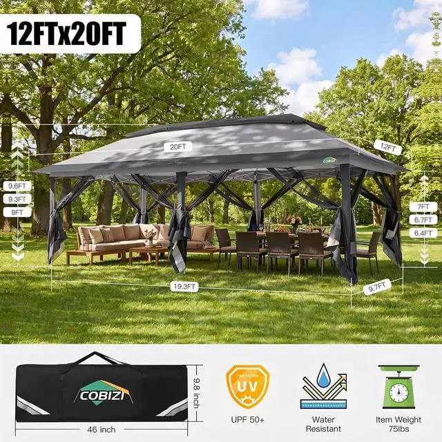Alt view image 2 of 7 - 12x20 Pop Up Canopy Tent with Mosquito Netting,Outdoor Screened Gazebo Shelter for Patio and Backyard,Commercial Party Tent with Mesh Walls,Dark Gray