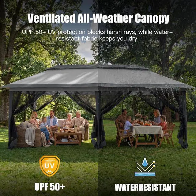 Alt view image 7 of 7 - 12x20 Pop Up Canopy Tent with Mosquito Netting,Outdoor Screened Gazebo Shelter for Patio and Backyard,Commercial Party Tent with Mesh Walls,Dark Gray