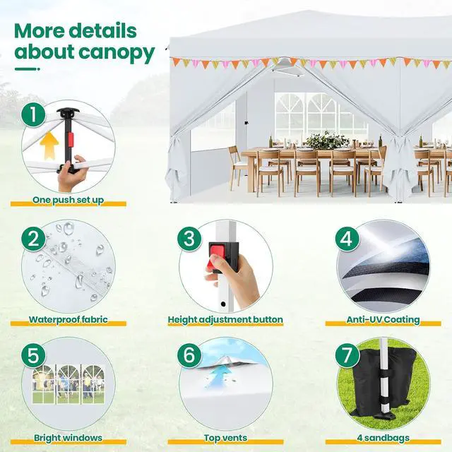 Alt view image 4 of 7 - Canopy 10x20 Pop Up Canopy Tent with 6 Sidewalls, One Push Party Tents for Parties Outdoor Wedding Waterproof Gazebo Commercial Event Tent with Sandbags, White