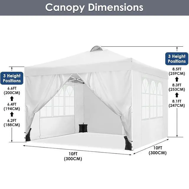 Alt view image 3 of 7 - Canopy 10x10 Pop Up Canopy Tent with 4 Sidewalls, One Push Party Tents for Parties Outdoor Wedding Waterproof Gazebo Commercial Event Tent with Sandbags, Swan White