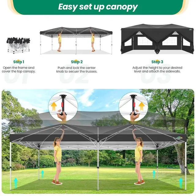 Alt view image 2 of 7 - Canopy 10x20 Pop Up Canopy Tent with 6 Sidewalls, One Push Party Tents for Parties Outdoor Wedding Waterproof Gazebo Commercial Event Tent with Sandbags, Black