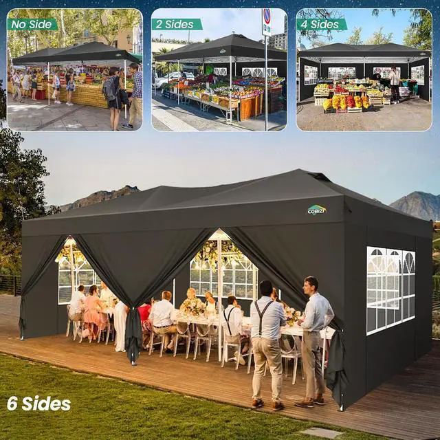 Alt view image 5 of 7 - Canopy 10x20 Pop Up Canopy Tent with 6 Sidewalls, One Push Party Tents for Parties Outdoor Wedding Waterproof Gazebo Commercial Event Tent with Sandbags, Black