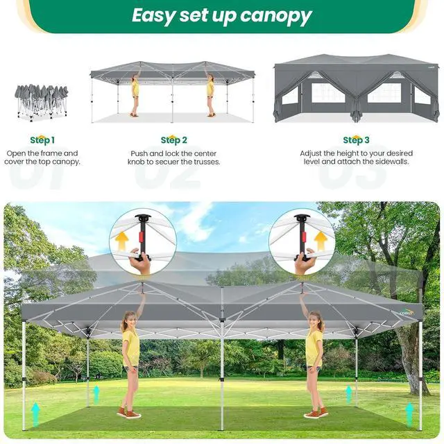 Alt view image 4 of 5 - 10x20 Pop Up Canopy Tents with 6 Sidewalls, One Push Easy Setup Party Tent for Party, Waterproof Gazebo for Outdoor Wedding & Commercial Events, Air Vents, Slate Grey