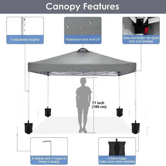 Alt view image 5 of 7 - Canopy 10x10 Pop Up Canopy Tent with 4 Sidewalls, One Push Party Tents for Parties Outdoor Wedding Waterproof Gazebo Commercial Event Tent with Sandbags, Pigeon Grey