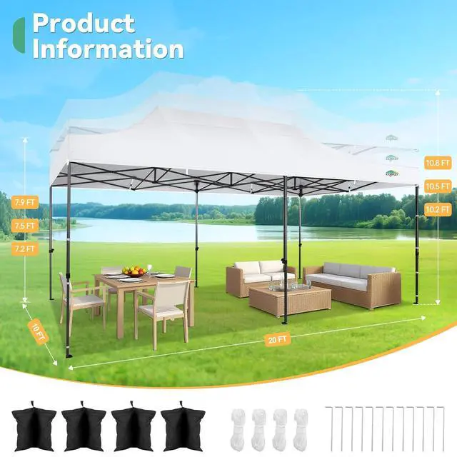 Alt view image 3 of 7 - 10x20 Heavy Duty Pop Up Canopy Tent with 6 Sidewalls Thicken Frame, Commercial Easy Up Outdoor Wedding Party Tents, All Season Waterproof Windproof with Stakes Sandbags Ropes Roller Bag, White