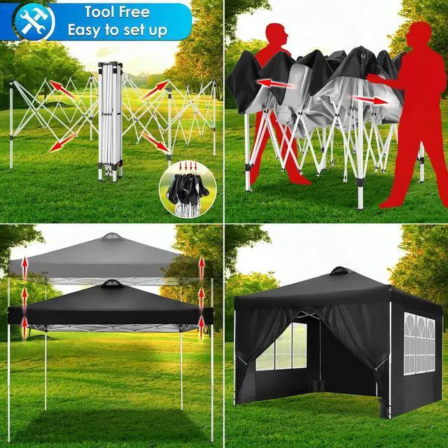 Alt view image 6 of 7 - Canopy 10x10 Pop Up Canopy Tent with 4 Sidewalls, One Push Party Tents for Parties Outdoor Wedding Waterproof Gazebo Commercial Event Tent with Sandbags, Classic Black