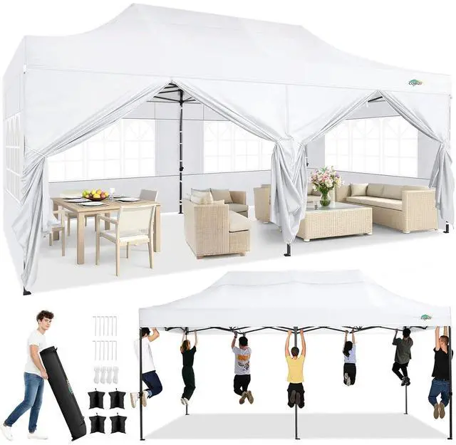 Main image of 10x20 Heavy Duty Pop Up Canopy Tent with 6 Sidewalls Thicken Frame, Commercial Easy Up Outdoor Wedding Party Tents, All Season Waterproof Windproof with Stakes Sandbags Ropes Roller Bag, White