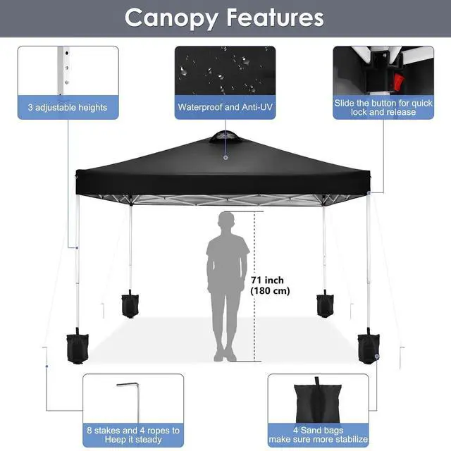 Alt view image 5 of 7 - Canopy 10x10 Pop Up Canopy Tent with 4 Sidewalls, One Push Party Tents for Parties Outdoor Wedding Waterproof Gazebo Commercial Event Tent with Sandbags, Classic Black