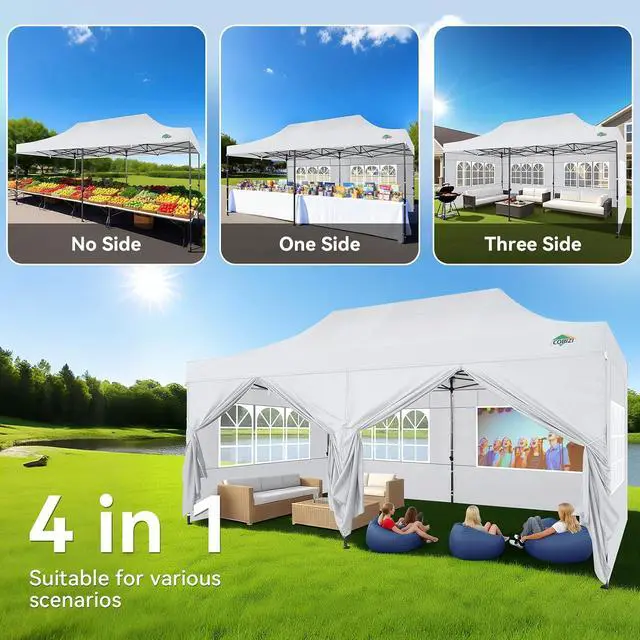 Alt view image 2 of 7 - 10x20 Heavy Duty Pop Up Canopy Tent with 6 Sidewalls Thicken Frame, Commercial Easy Up Outdoor Wedding Party Tents, All Season Waterproof Windproof with Stakes Sandbags Ropes Roller Bag, White