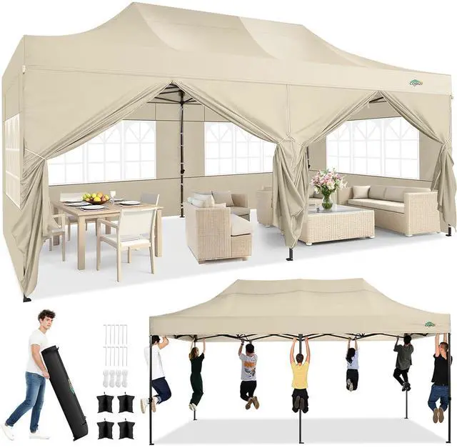 Main image of 10x20 Heavy Duty Pop Up Canopy Tent with 6 Sidewalls Thicken Frame, Commercial Easy Up Outdoor Wedding Party Tents, All Season Waterproof Windproof with Stakes Sandbags Ropes Roller Bag, Khaki