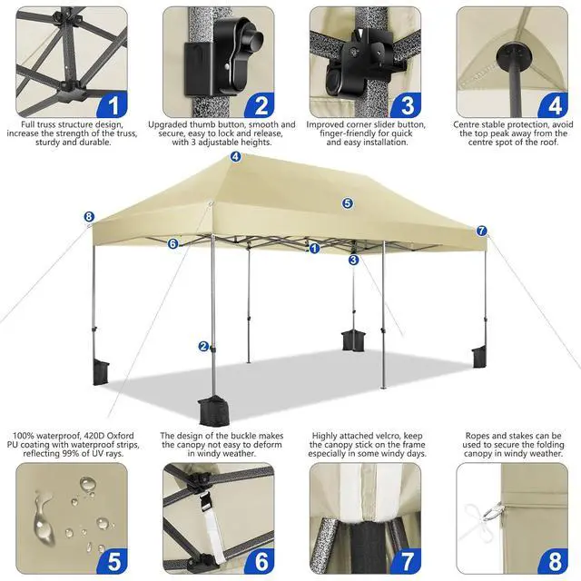 Alt view image 2 of 4 - 10x20 Heavy Duty Pop Up Canopy Tent with 6 Sidewalls Thicken Frame, Commercial Easy Up Outdoor Wedding Party Tents, All Season Waterproof Windproof with Stakes Sandbags Ropes Roller Bag, Khaki