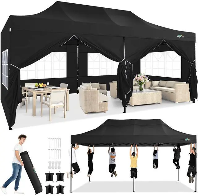 Main image of 10x20 Heavy Duty Pop Up Canopy Tent with 6 Sidewalls Thicken Frame, Commercial Easy Up Outdoor Wedding Party Tents, All Season Waterproof Windproof with Stakes Sandbags Ropes Roller Bag, Black